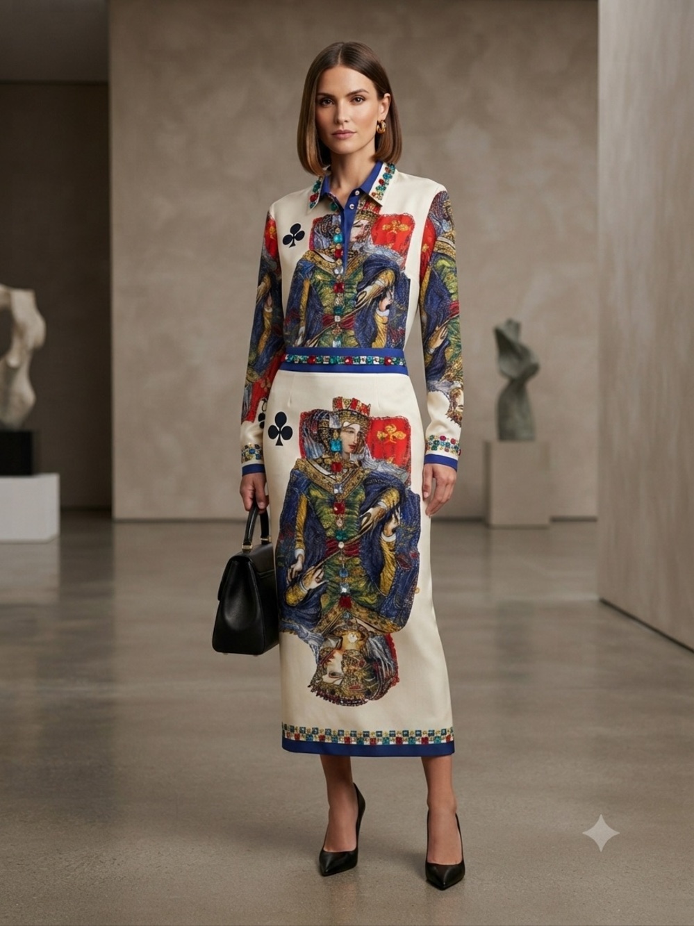 Queen Playing Card Print Button-Up Top and Skirt Set in Red, Blue, Green